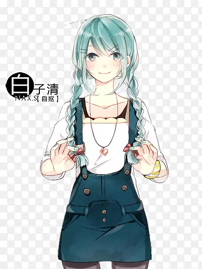 蓝色麻花辫卡通少女