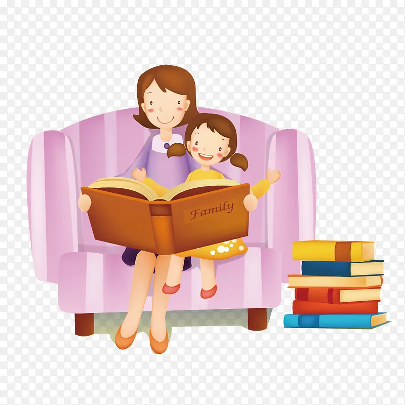坐在沙发上教女儿读书的妈妈