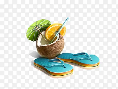 高清摄影夏天海滩的椰拖鞋子和