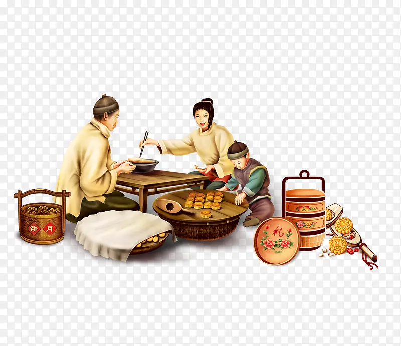 中秋节在做月饼的一家人