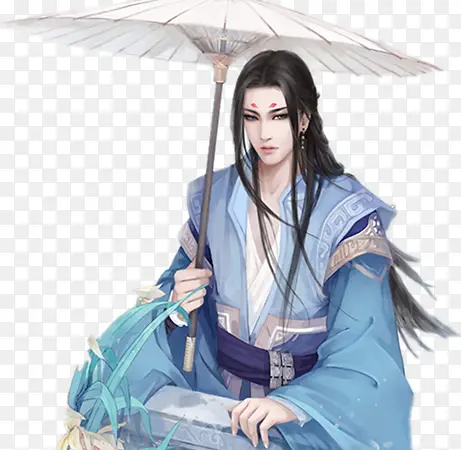 白伞蓝衣帅气手绘男子