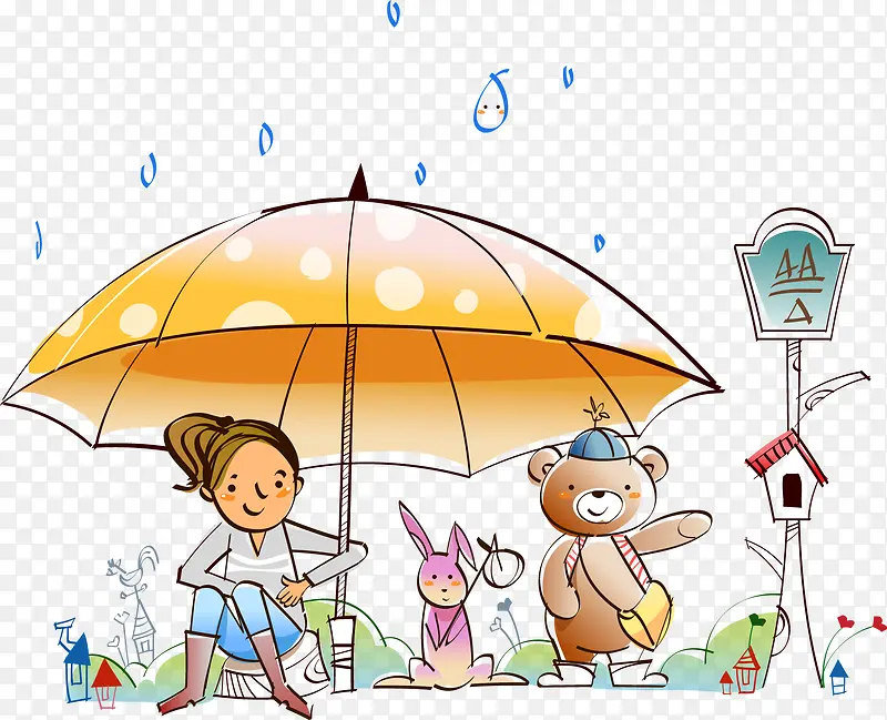 手绘卡通雨天公交站