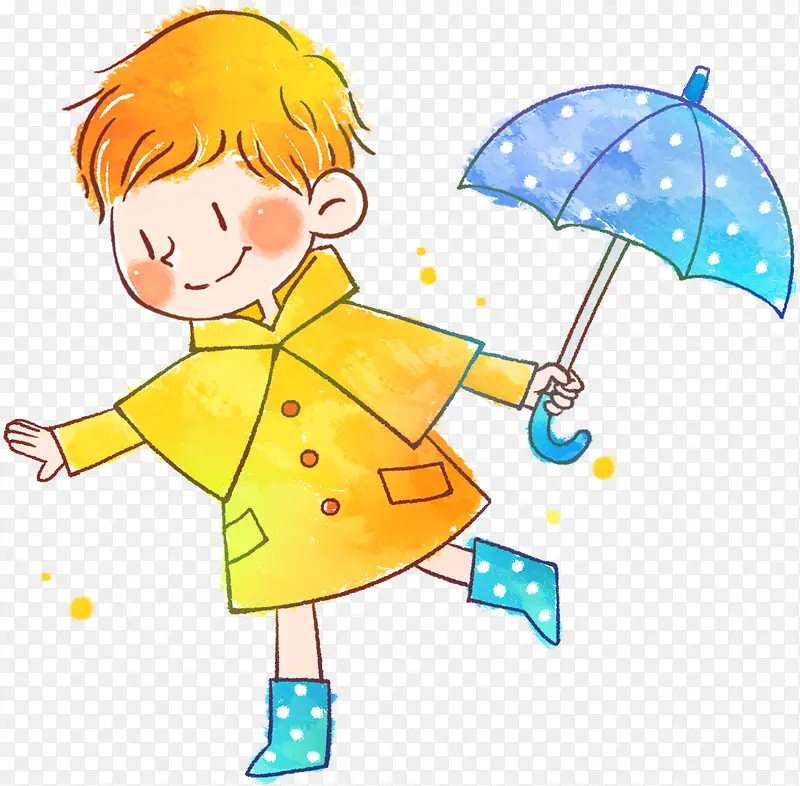 手绘雨天淋雨男孩