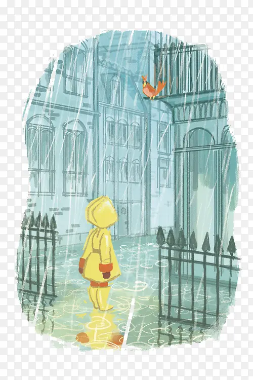 手绘站在雨中的女孩