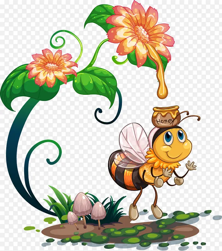 蜜蜂，采蜜，花朵，卡通