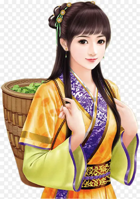 黄色服饰背竹篮女生