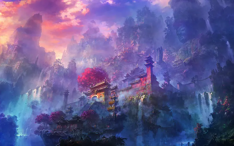 紫色背景少林寺图