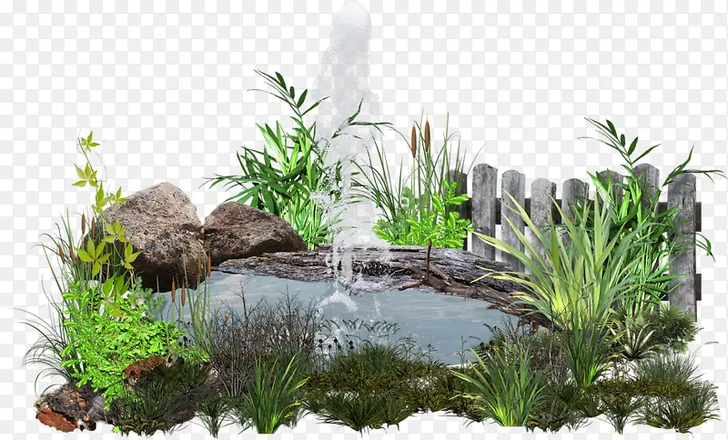 池塘木栅栏喷泉