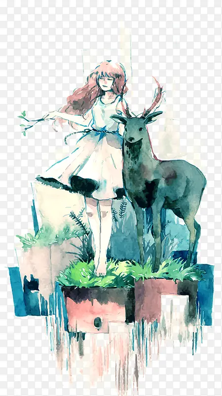矢量鹿和少女