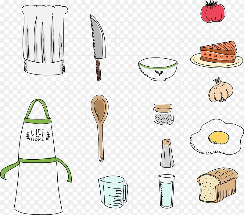矢量手绘卡通厨具和食物