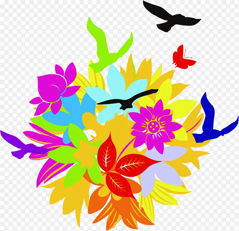 手绘彩色花卉和鸟