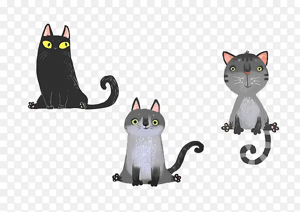 手绘两只灰猫和黑