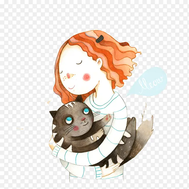 手绘女孩抱着猫咪