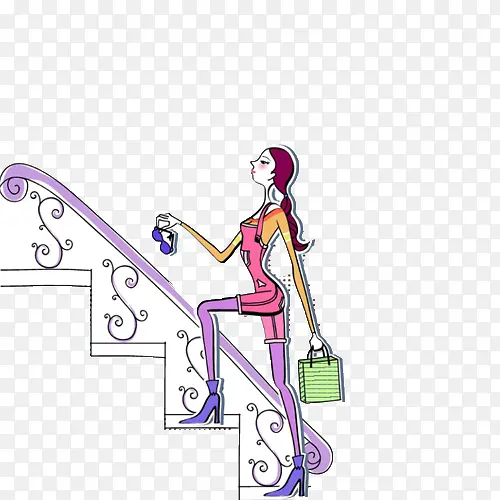 卡通时尚女孩爬楼梯