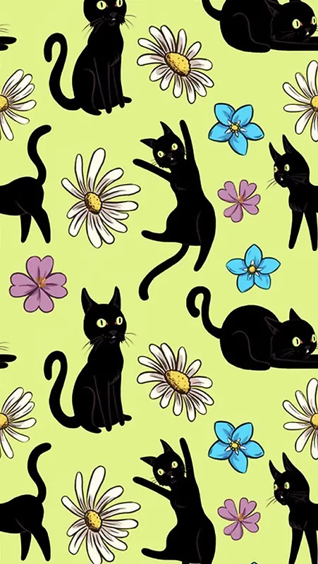 手绘黑色猫咪花朵