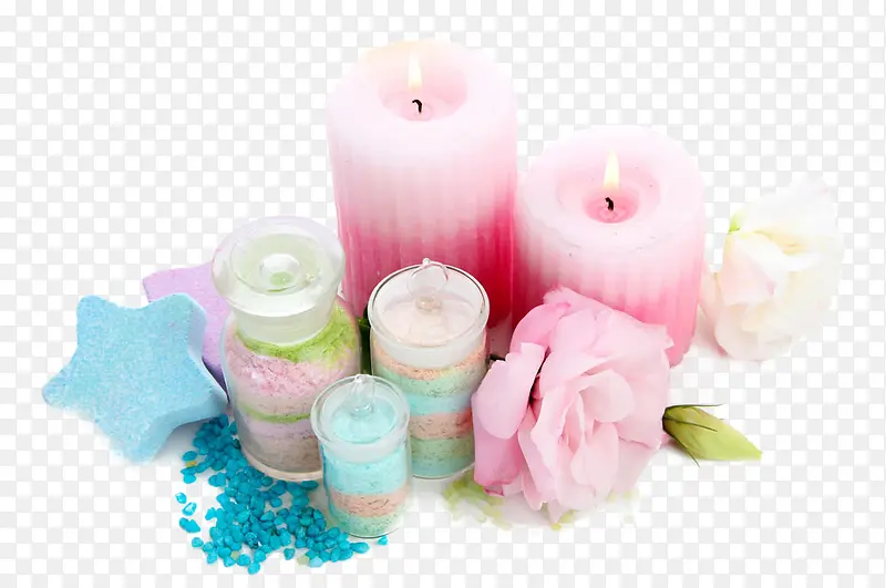 粉色蜡烛与彩色浴盐