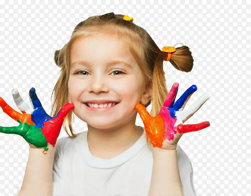 小女孩 画室 涂颜料的手 五彩的手