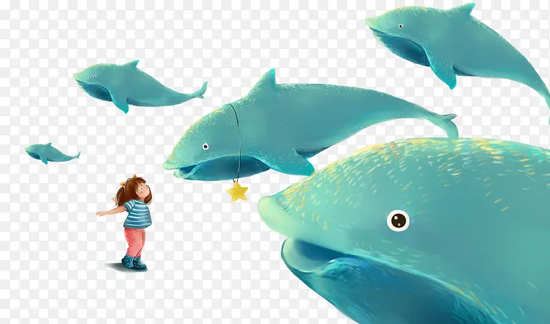 卡通小女孩蓝色海豚