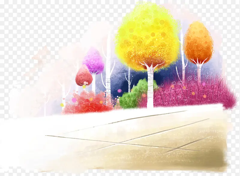 彩色手绘树林风景