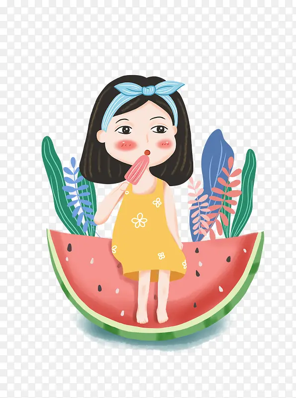 夏日西瓜上吃冰棍的小女孩