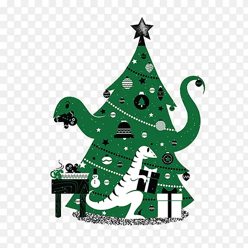 绿色树和拿礼物的恐龙