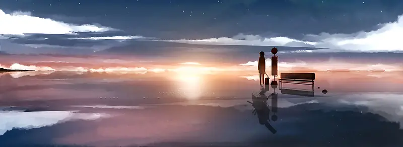 动漫卡通夕阳海滩背景banner