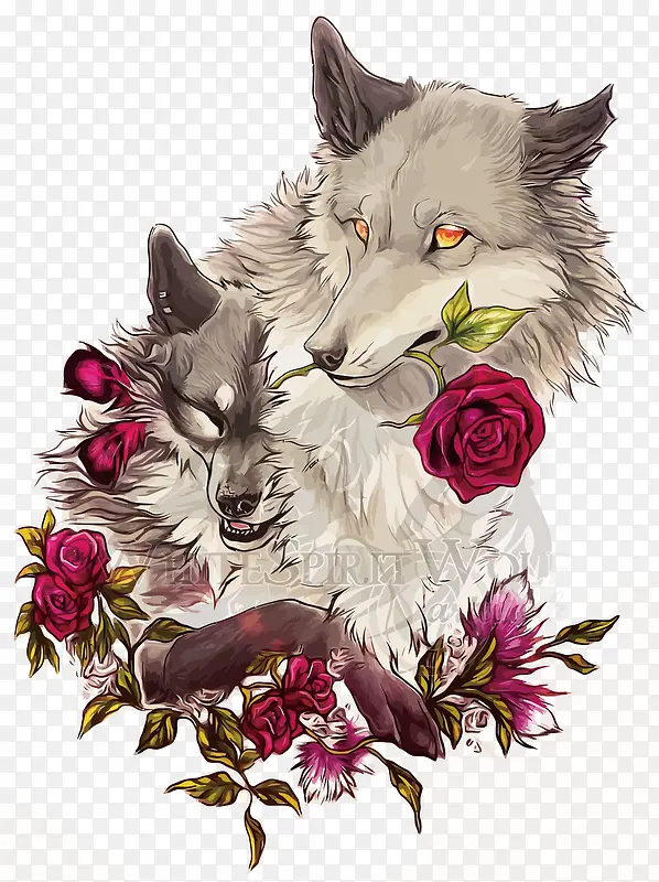 矢量狼和玫瑰