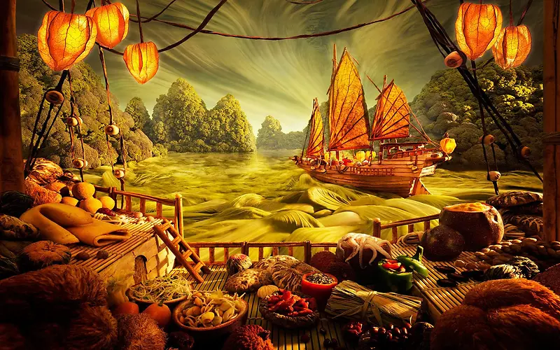 卡通食物帆船海报背景