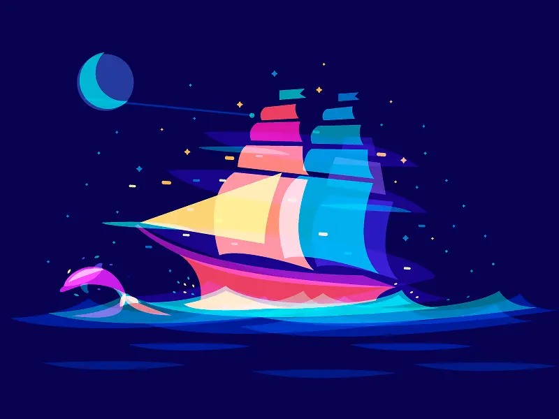 夜间航行的卡通帆船