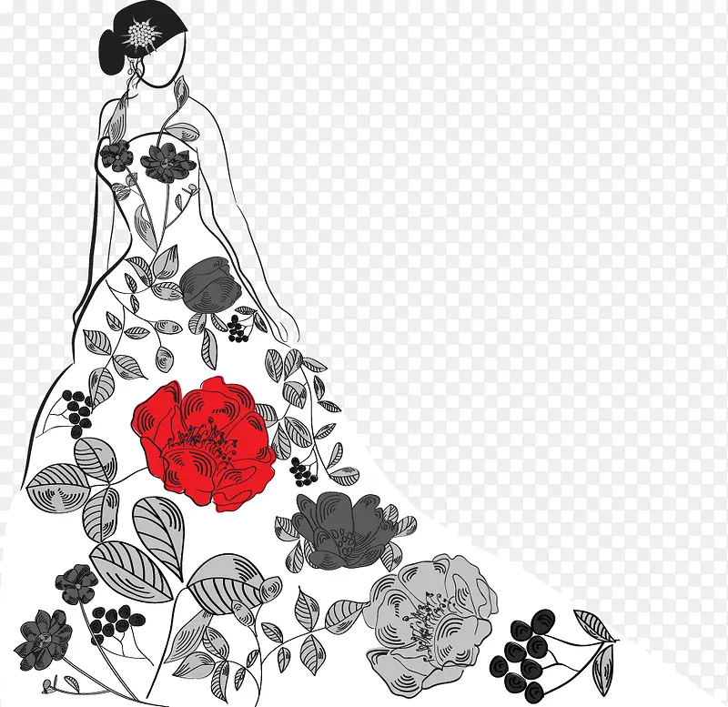 卡通手绘花朵新娘婚纱
