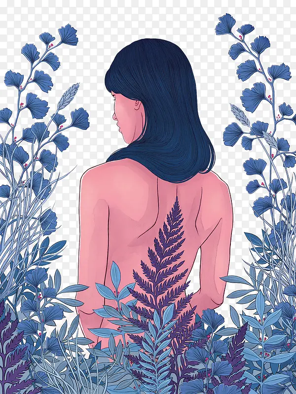 蓝色植物手绘和美女