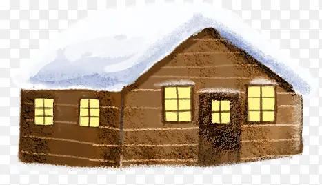 手绘棕色冬季房屋雪景