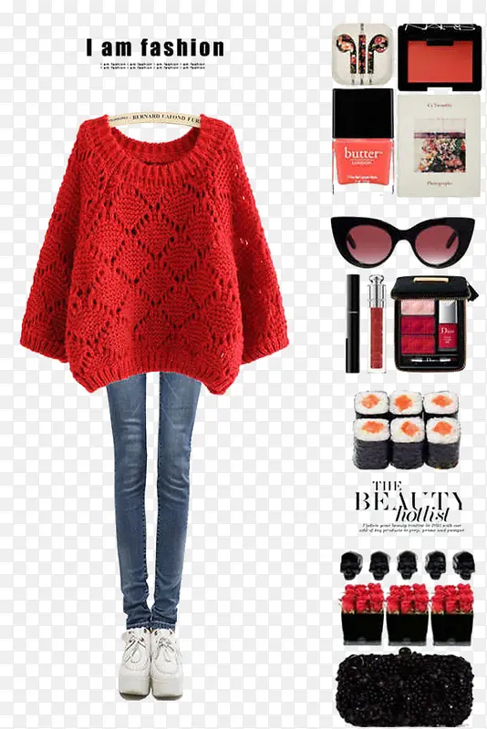 红色毛衣和牛仔裤