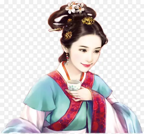 蓝裙喝茶女子