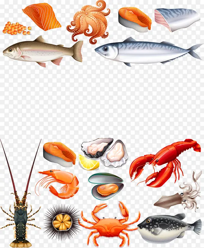 卡通手绘合成海鲜食物