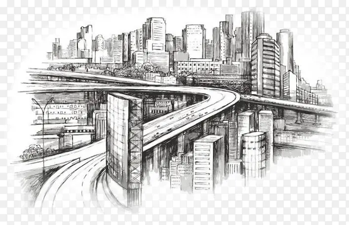 手绘素描合成城市建筑