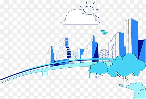 手绘蓝色城市建筑