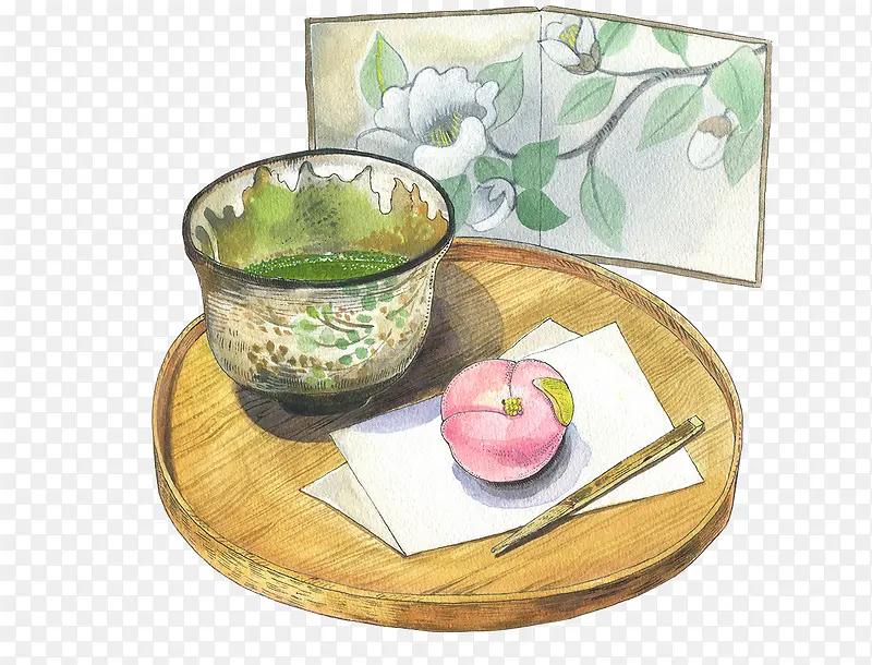 手绘清茶和桃子
