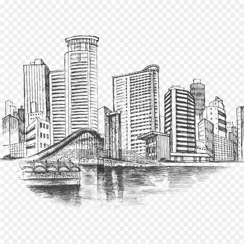 手绘素描城市建筑