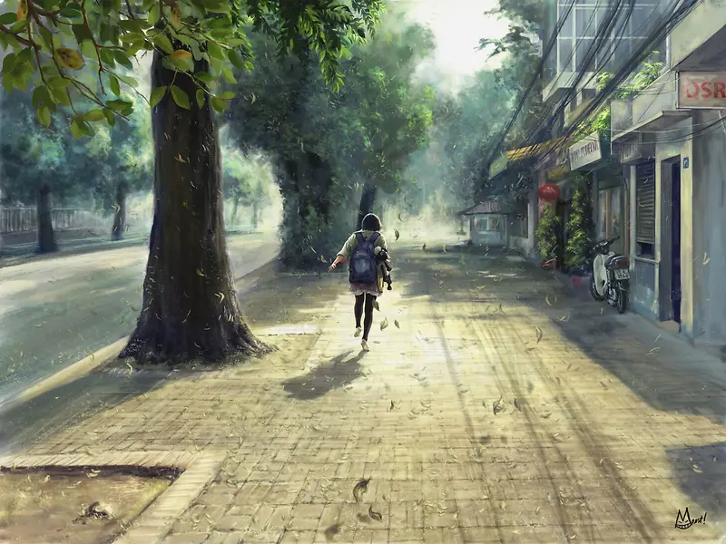 城市街道奔跑的女孩