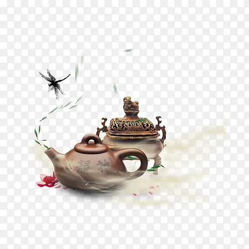 茶壶，香炉，烟雾，蜻蜓