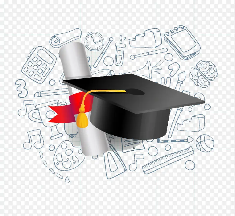 博士帽与毕业证书矢量素材