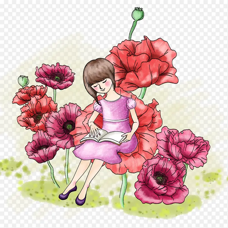 坐在花朵上看书的女孩