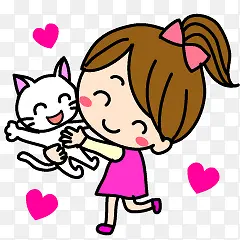 卡通抱猫咪小女孩