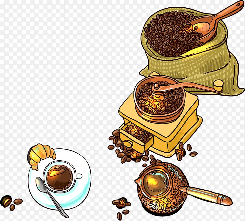 矢量手绘水彩咖啡豆