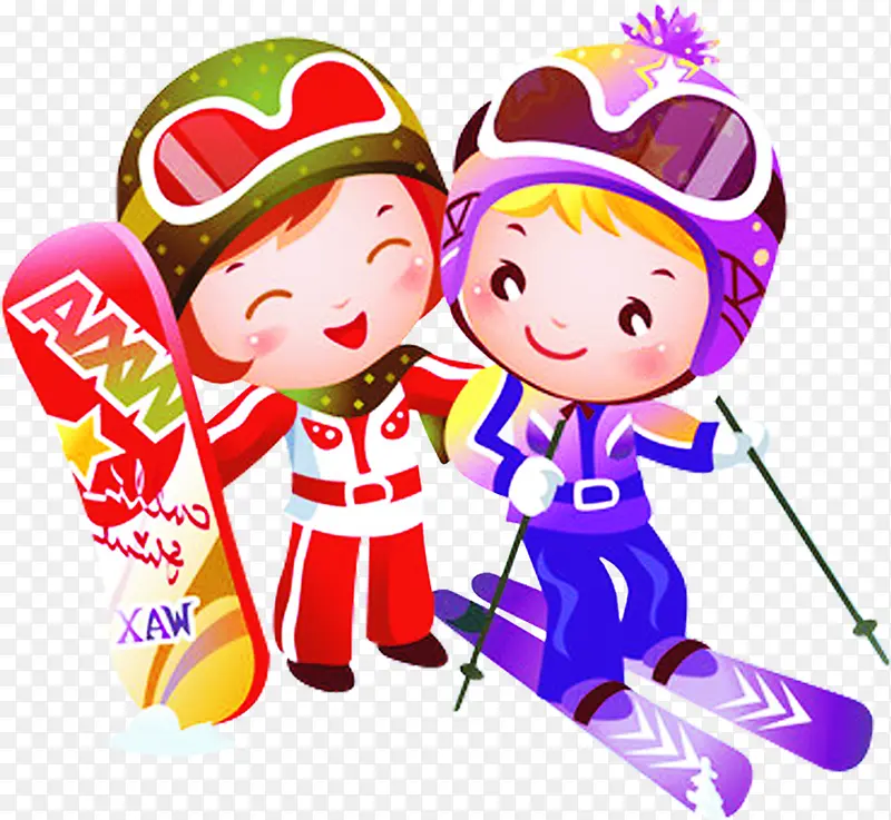 手绘彩色服饰滑雪人物