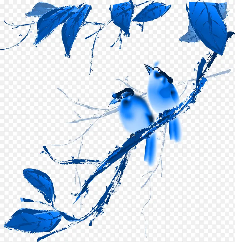 蓝色水墨小鸟植物