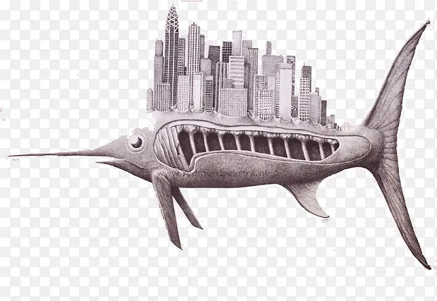 鲨鱼上的城市素描插画