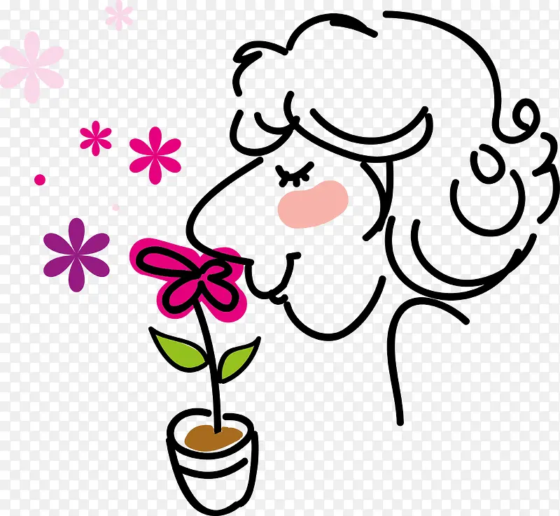 闻花的女孩矢量图