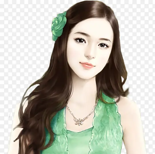 绿花长发美女手绘